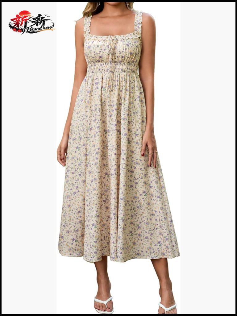 Women's Summer Floral Corset Midi Dress Square Neck Flowy A Line Vacation Long